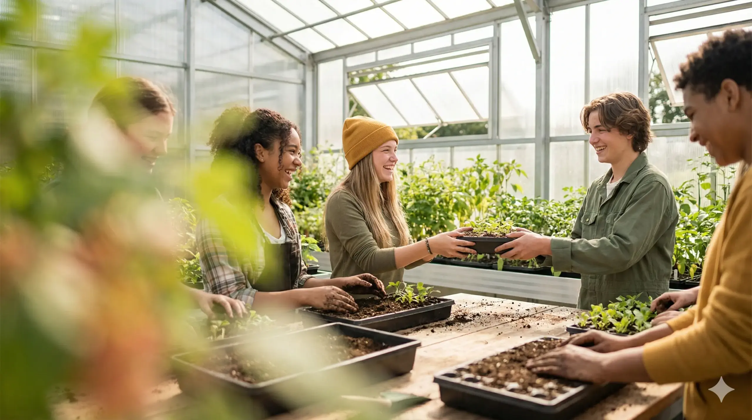 Vidám diákok palántázás közben egy üvegházban.