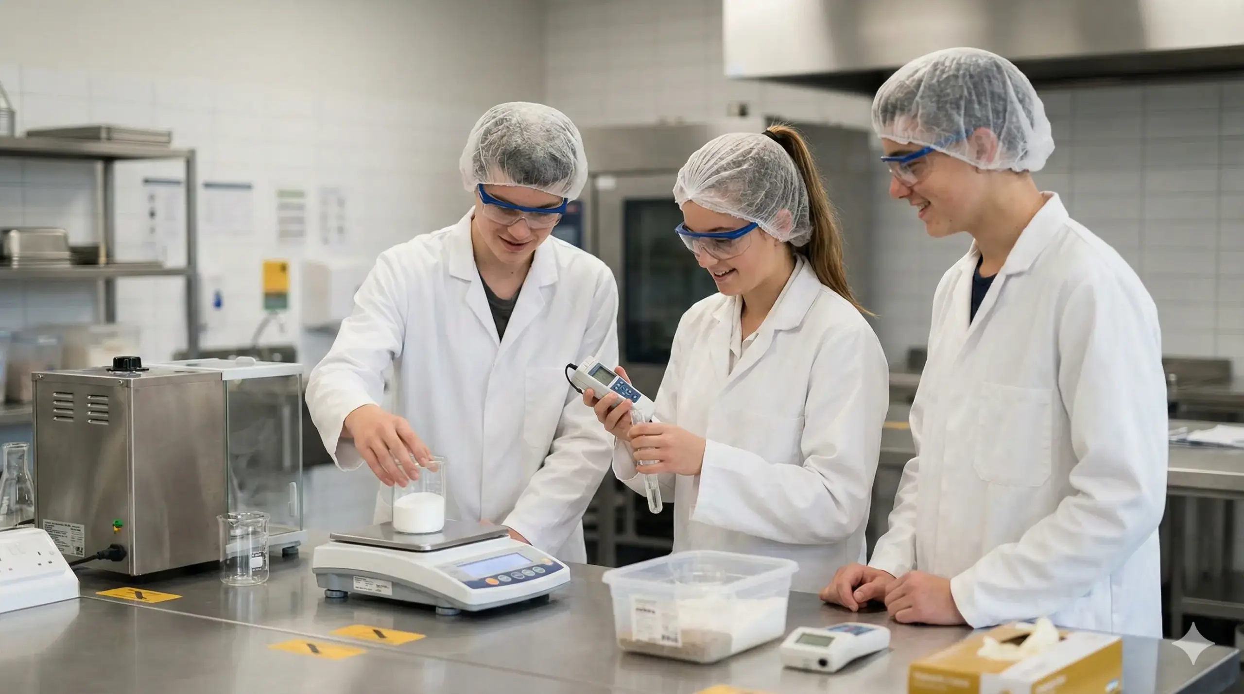 Diákok élelmiszeripari tanműhelyben mérést végeznek.