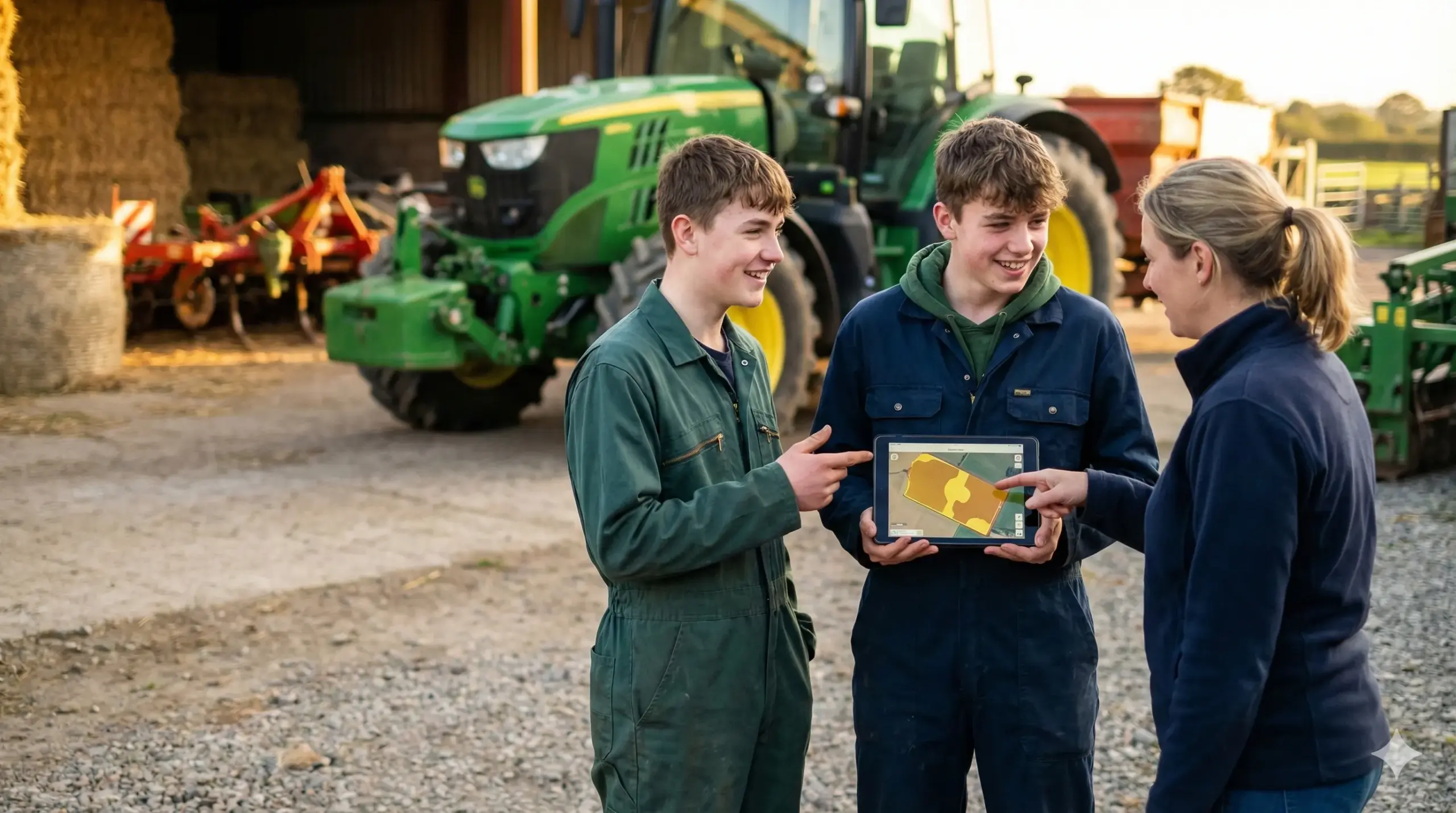 Diákok mezőgazdasági gép mellett tanulnak modern agrártechnológiát.